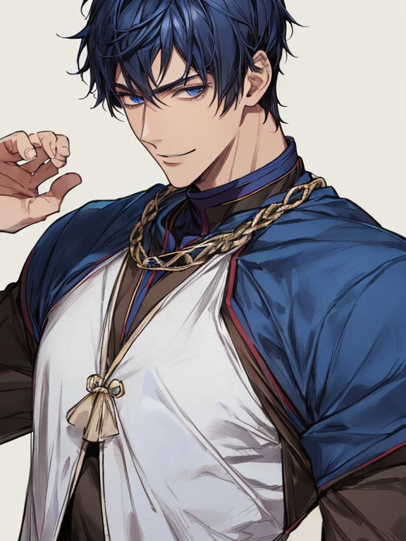 ((muste piece)), ((best quality)), ((brown skin)), ((dark blue eyes)), ((Dark blue hair))、handsome man , ((very very short hair)), masculine、tall、sexy、Adult man、Three white eyes、handsome man、firmly、muscular、broad shoulders、smile、wild、とてもwild、(((Brave))、Upper body、Daiki Aomine