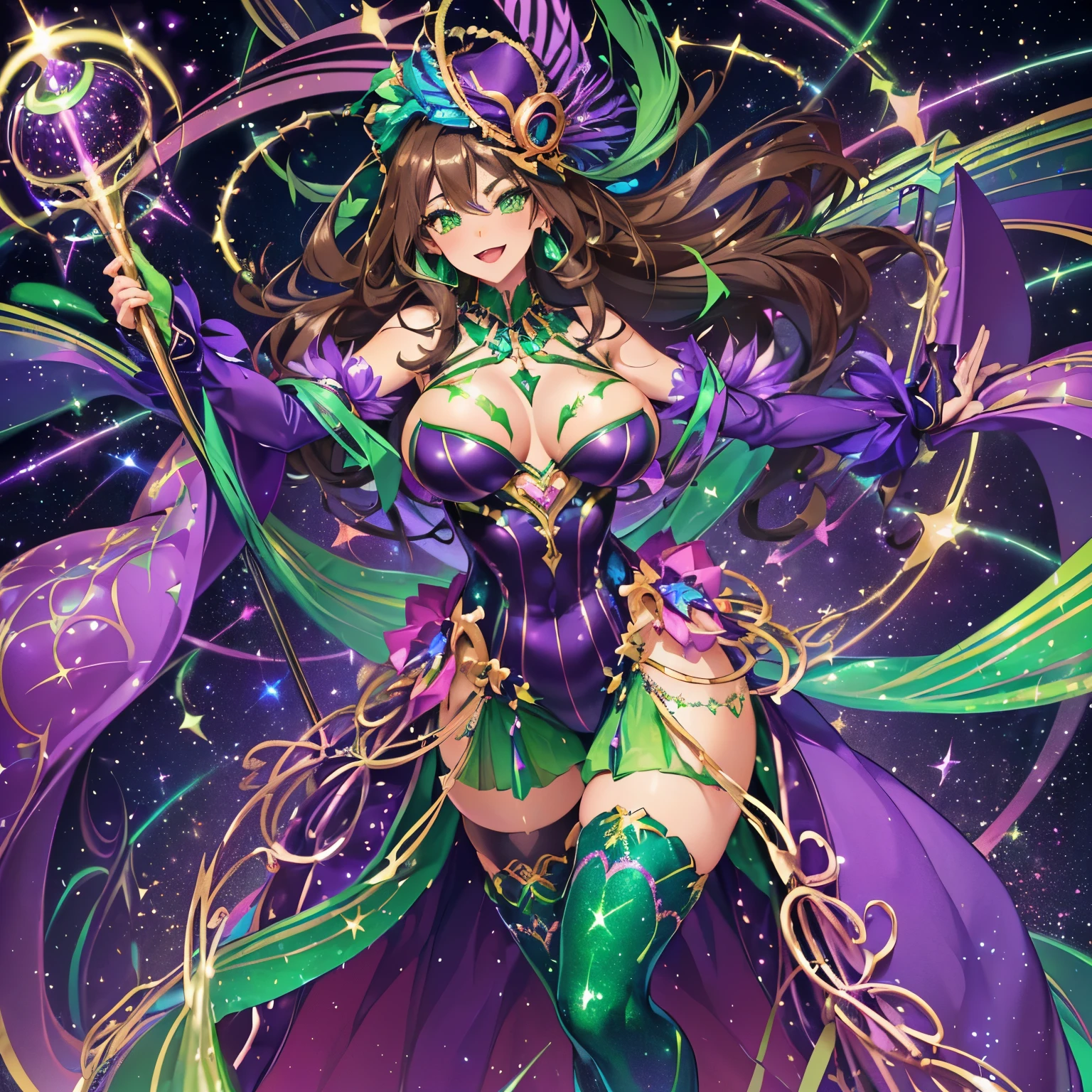 ((Beautiful)) ((Green eyes)) ((mardi gras theme)) ((extra larger breast)) ((hourglass figure)) ((wide hips)) ((Brown hair)) ((long hair)) ((Margi gras fitted outfit)) ((high purple stocking)) ((high green stocking)) ((glitter everywhere)) ((green glitter)) ((yellow glitter)) ((purpel glitter)) ((baton)) ((gold baton)) ((twirling boton)) ((elegant smile)) ((playfull)) ((excited expression)) ((prade background)) 