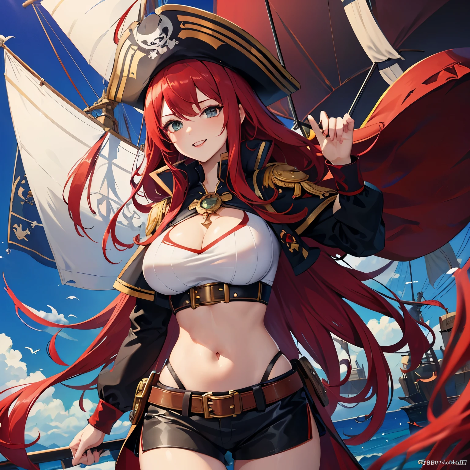 ((Beautiful red head)) ((long red hair)) ((large breast)) ((thin waist)) ((wide hips)) ((gorgeous)) ((stunning)) ((pirate outfit)) ((pirate hat)) ((tight white blouse)) ((skin tight black shorts)) ((black boots)) ((beautiful smile)) ((green eyes)) ((large guns)) (( large ship)) ((ocean background)) ((sun day)) ((one female)) ((captain))