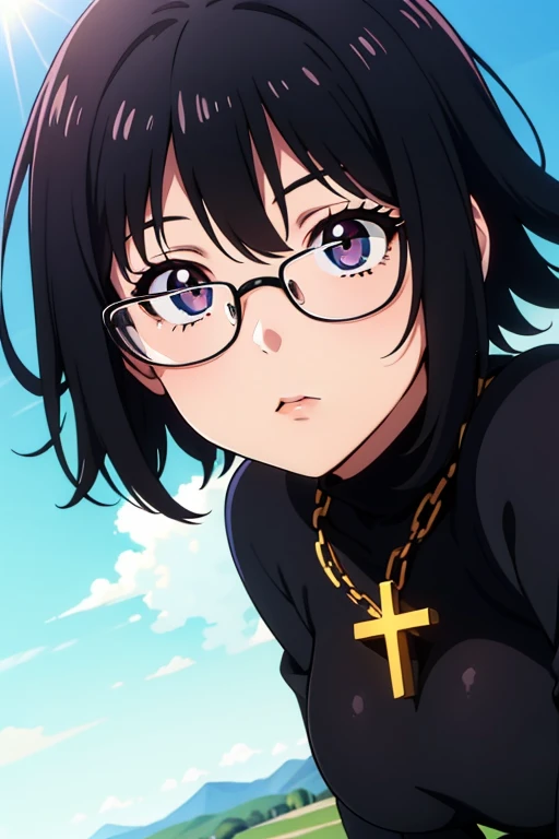 Shizuku Murasaki, 1girl, cute, black hair, short hair, glasses, expressionless, huge breast, ((tight black long sleeve turtleneck)), (all fours, looking at view, from below), (masterpiece, high resolution, best quality, anime colored, anime screencap, 8k, photorealistic), denim, inverted cross chain necklace, (perfect detailed anatomy, beautiful detailed eyes&hair, beautiful face&skin, detailed clothes), sunshine outdoors
