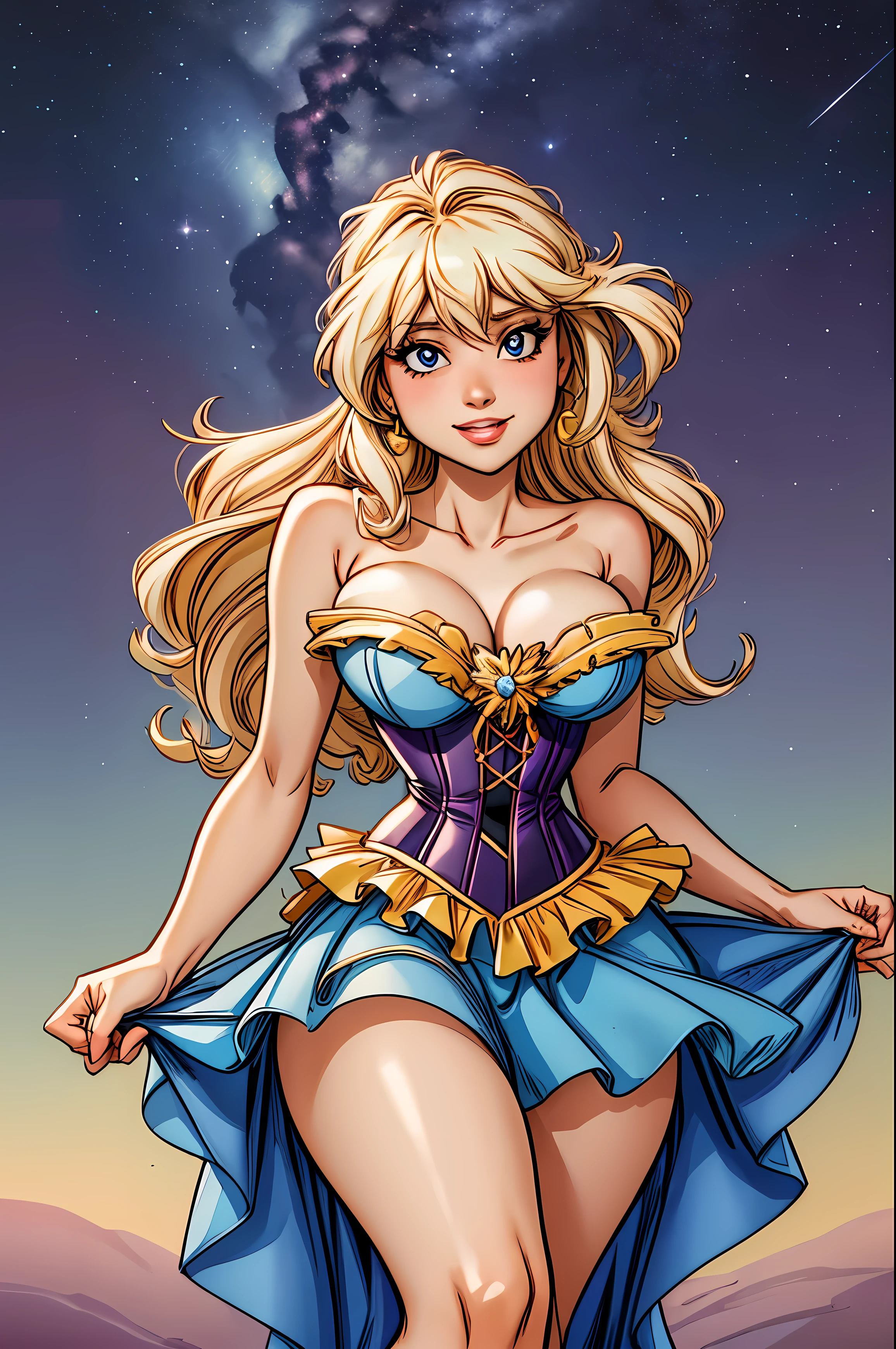 (Masterpiece, best quality: 1.2), cowboy shot, solo, 1 girl named Sheryl Nome, donning a radiant smile with closed mouth, captivates the viewer's gaze. Her enchanting attire embellishes a strapless dress and a corset, cascading into a layered skirt that gracefully swirls around her. Delightful thigh-highs adorn her legs, revealing her bare shoulders. Amidst the vast expanse of outer space, Sheryl stands bravely, gazing at the mesmerizing star-studded (sky). Her beauty is a breathtaking Masterpiece, beaming with the best quality and capt