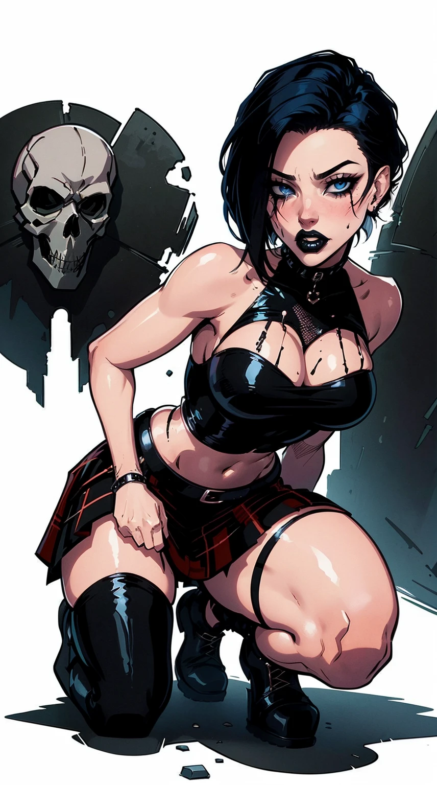 a woman with short black hair, hair on shoulders, wearing a black cropped and plaid skirt, blue eyes, zombie art, gothic art, cute aesthetic with vibe, toon aesthetic, wearing red costume, wearing gothic accessories, look like Cassie Hack, whole body, on his knees ,on his knees holding a skull in his hand, white background
