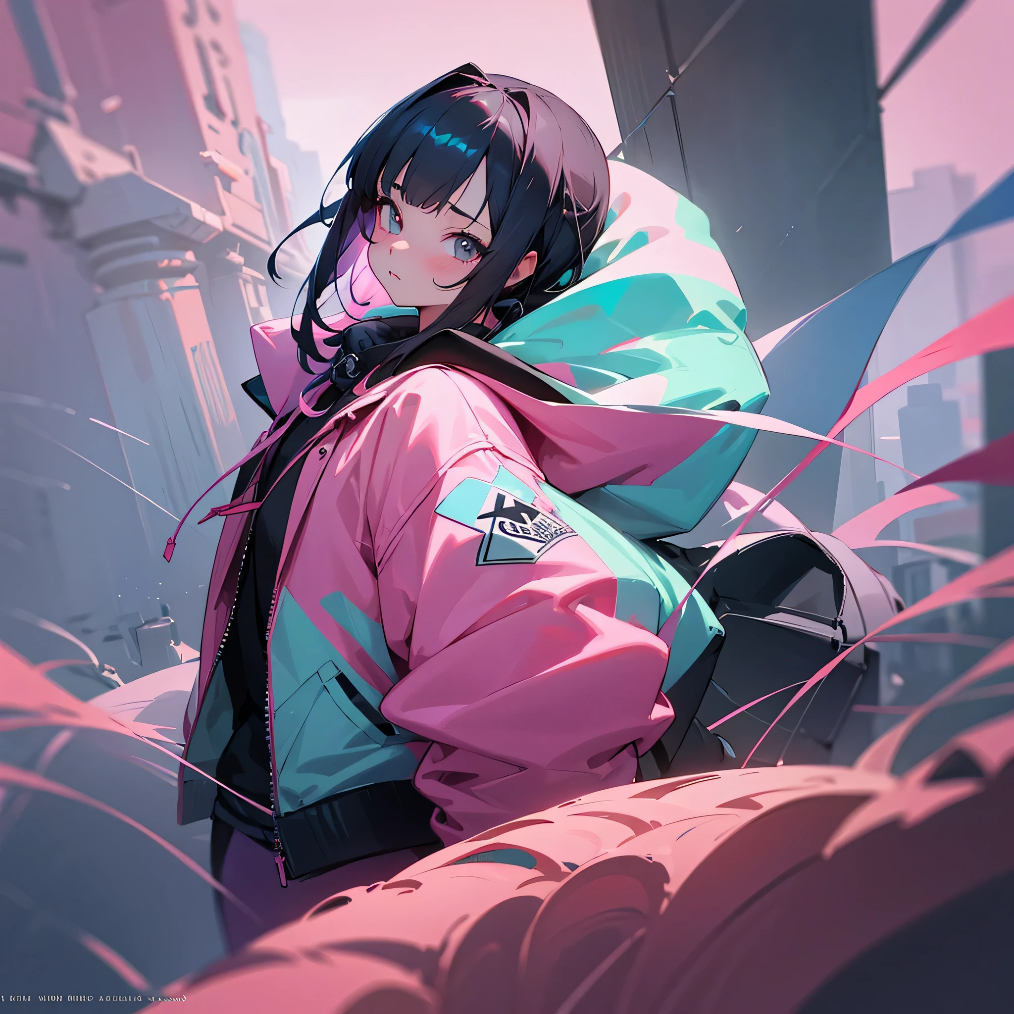 1girl, jacket, outdoor, hoodie, open jacket, chain,cute, kawai, looking at another, trending on artstation, 8k resolution, highly detailed, anatomically correct, sharp image, digital painting, concept art, trending on pixiv, soft femenine colors,pinky colors, attractive aspect, hot look