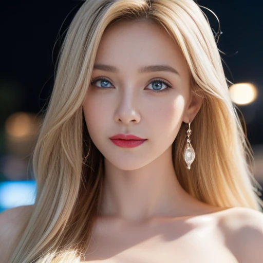 masterpiece，Highest image quality，Super details，sexy smile，amazing face and eyes,  (Extremely detailed beautiful face), (The sexiest look), Snow-white breasts，Naked of breast，Deep cleavage，(best quality:1.4), (Super detailed), (Extremely detailed CG unified 8k wallpaper), The content is very detailed, RAW photos, Professional photography, ((business suit)), Outdoor and below, (No man's street, Dark Night Commercial Street,), (night sky), depth of field,Blushed，raised eyebrows，very shy，Blonde hair, blue eyes，Ruddy complexion，looking at the audience，Dreamcatcher earrings，epic，concept art，glowing eyes，Bright Eyes，black，