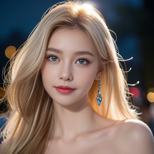 masterpiece,Highest image quality,Super details,sexy smile,amazing face and eyes, (Extremely detailed beautiful face), (The sexiest look), Snow-white breasts,Naked of breast,Deep cleavage,(best quality:1.4), (Super detailed), (Extremely detailed CG unified 8k wallpaper), The content is very detailed, RAW photos, Professional photography, ((business suit)), Outdoor and below, (No man's street, Dark Night Commercial Street,), (night sky), depth of field,Blushed,raised eyebrows,very shy,Blonde hair, blue eyes,Ruddy complexion,looking at the audience,Dreamcatcher earrings,epic,concept art,glowing eyes,Bright Eyes,black,