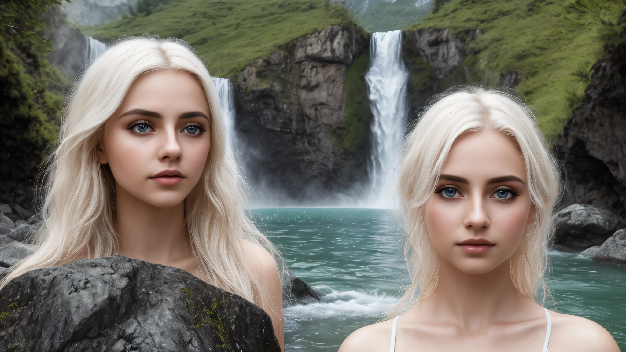 8k, best quality, masterpiece, realistic, ultra detail, photo-realistic, Increased quality, photo of a woman in a lake, a big waterfall in the background, wet hair, platinum blonde hair, big eyes, long eyelashes, photorealistic, sunlight, rocks