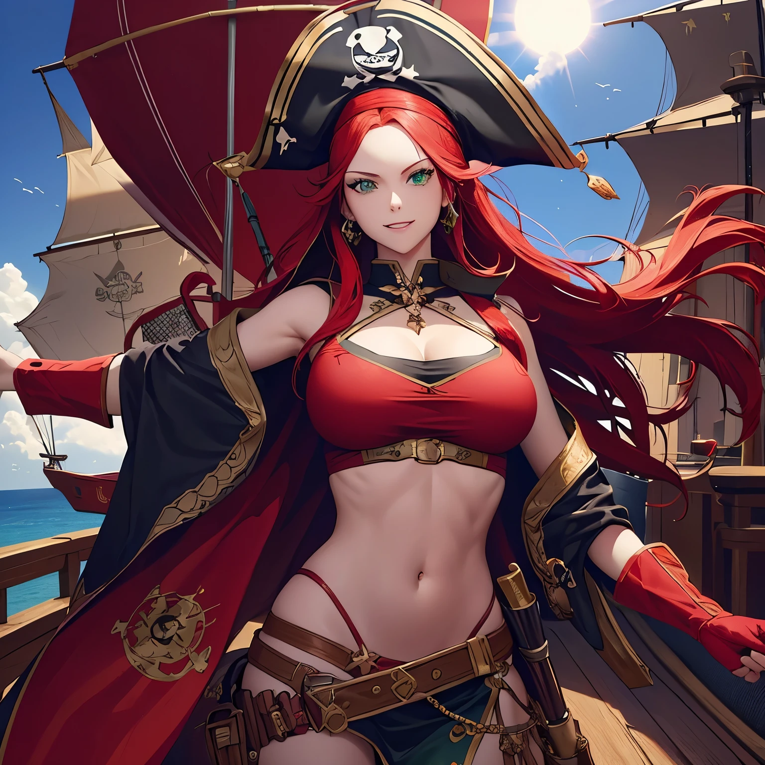 ((Beautiful red head)) ((large breast)) ((thin waist)) ((wide hips)) ((pirate outfit)) ((pirate hat)) ((beautiful smile)) ((green eyes)) ((gun cannons)) ((on a large ship)) ((ocean background)) ((sun day))
