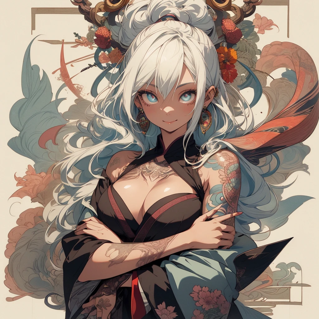 (((highest quality))),(((32k))),(((girl with tattoos))),very delicate face,(perfect physical beauty),(Super beautiful woman),Fancy hair color,earrings,(((big breasts))),(Emphasize cleavage),mandala,Geometric pattern,coat of arms,Detailed tattoo,(((detailed eyes))),Charm,The face is beautiful,background is white,smile,Japanese sculpture,stick out tongue,Bodhidharma,Yasa,Demon Fox,Japanese style,Buddha,detailed perfect arms,split tongue,breast enhancement,