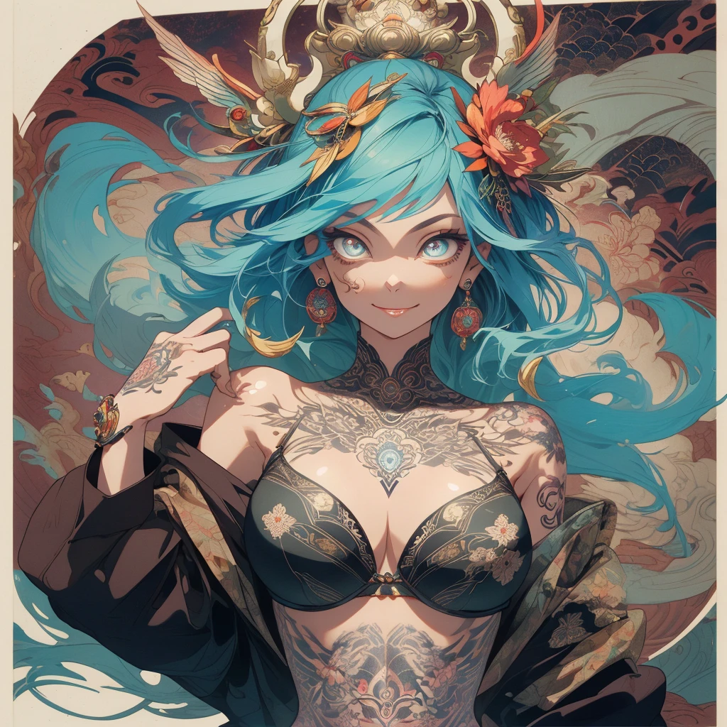 (((highest quality))),(((32k))),(((girl with tattoos))),very delicate face,(perfect physical beauty),(Super beautiful woman),Fancy hair color,earrings,(((big breasts))),(Emphasize cleavage),mandala,Geometric pattern,coat of arms,Detailed tattoo,(((detailed eyes))),Charm,The face is beautiful,background is white,smile,Japanese sculpture,stick out tongue,Bodhidharma,Yasa,Demon Fox,Japanese style,Buddha,detailed perfect arms,split tongue,breast enhancement,