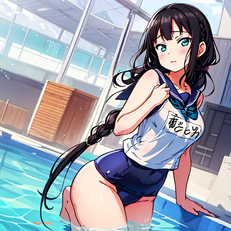 best quality, very aesthetic, Super detailed, best illustration, 1girl, おっぱい, black_hair, school swim suit