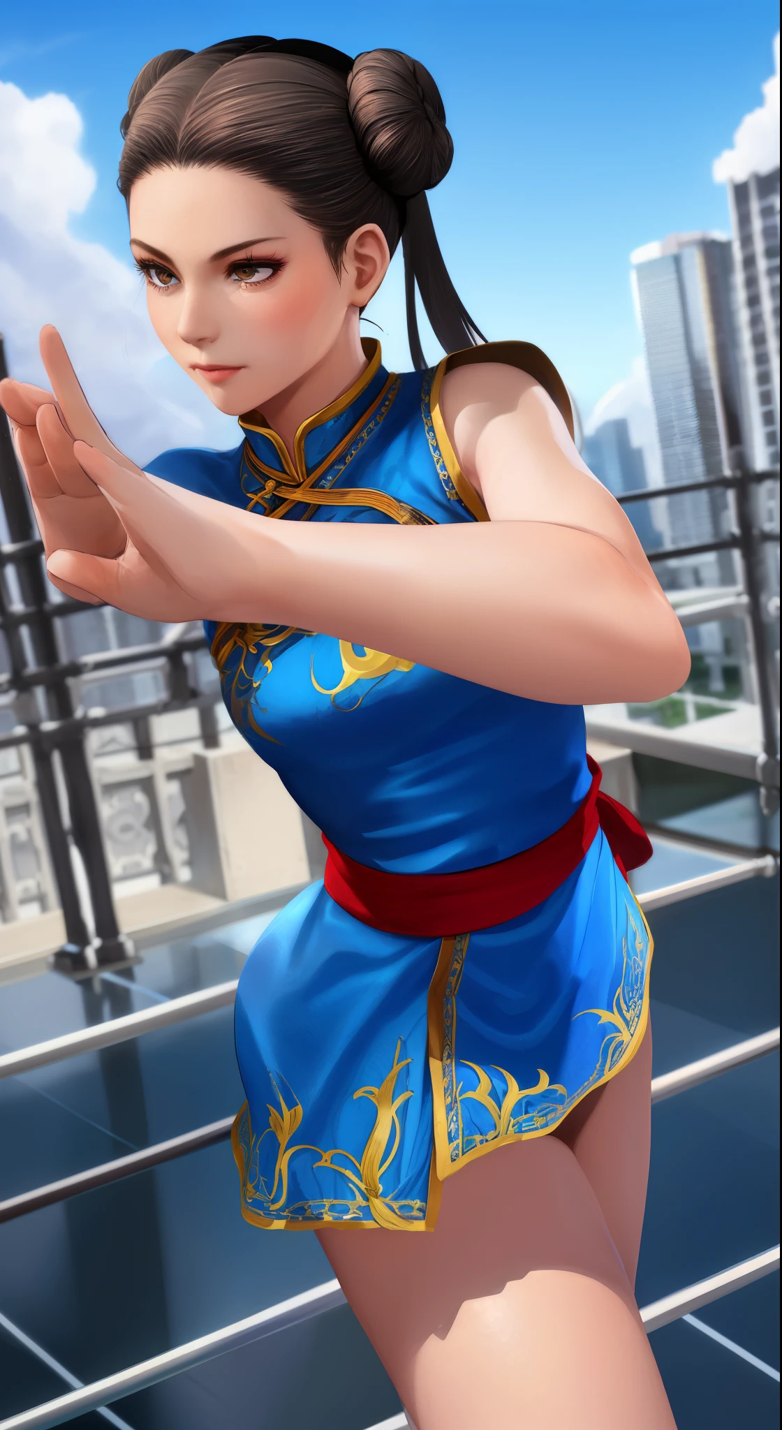 Paichang, Blue ribbon ponytail, brown eyes, double bun,bright hair,Kungfu pose standing, alone , ,  combat readiness, 
Paiati,White Mini Cheongsam, band, mini skirt、white panties、, sleeve less,
marble floor, blue sky, cloudy, evening,
(Extremely detailed, beautiful detailed face, masterpiece, highest quality)    