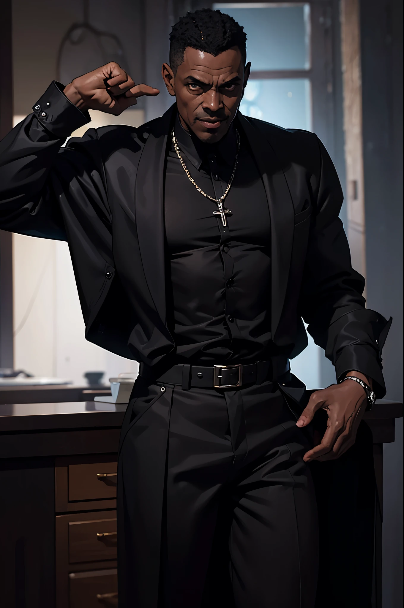 "(fechar potrait), tema sombrio, estilo moderno, (((1 homem de 30 anos))) wearing a black suit and black dress pants, atletico forte, with a serious expression, ((careca)), corpo. A cena se passa em uma biblioteca modernaa noite, com muitos livros em estantes, emphasizing pale skin and bright yellow eyes."
