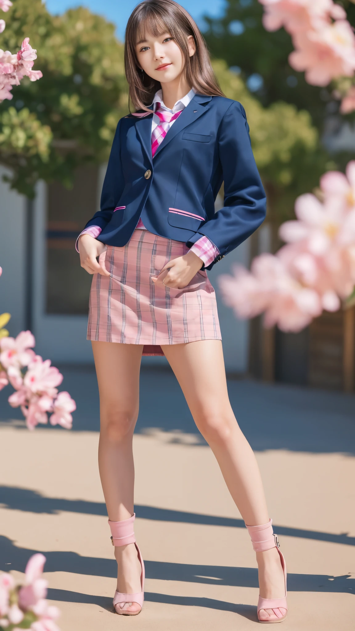 Photo taken by a professional photographer，table top, highest quality, Super detailed, finely, High resolution, 8k wallpaper, perfect dynamic composition, beautiful and detailed eyes,medium hair, natural color lip,smile,(Wearing a navy blue school blazer uniform:1.3),(long hair:1.3),standing in the park,(The wind is blowing、navy blue and pink plaid skirt:1.6),cowboy_shot,18 year old girl,Backlight