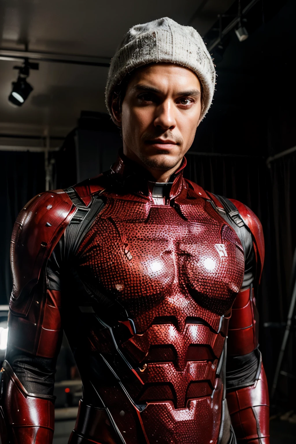 NSFW:: Generate a super realistic photograph of Man:: Man is a cosplayer:: Man with Perfect face:: Man face front camera:: Man with shaved face:: Man without hair:: No hair:: Man in Iron-man suit:: winter hat covering all head:: a web-shooter:: photography studio:: professional lighting:: using a digital single-lens reflex camera (DSLR) with slide film (ISO 50-200) and a prime lens (50mm) to capture the figure in a studio setting:: highlight details and textures.