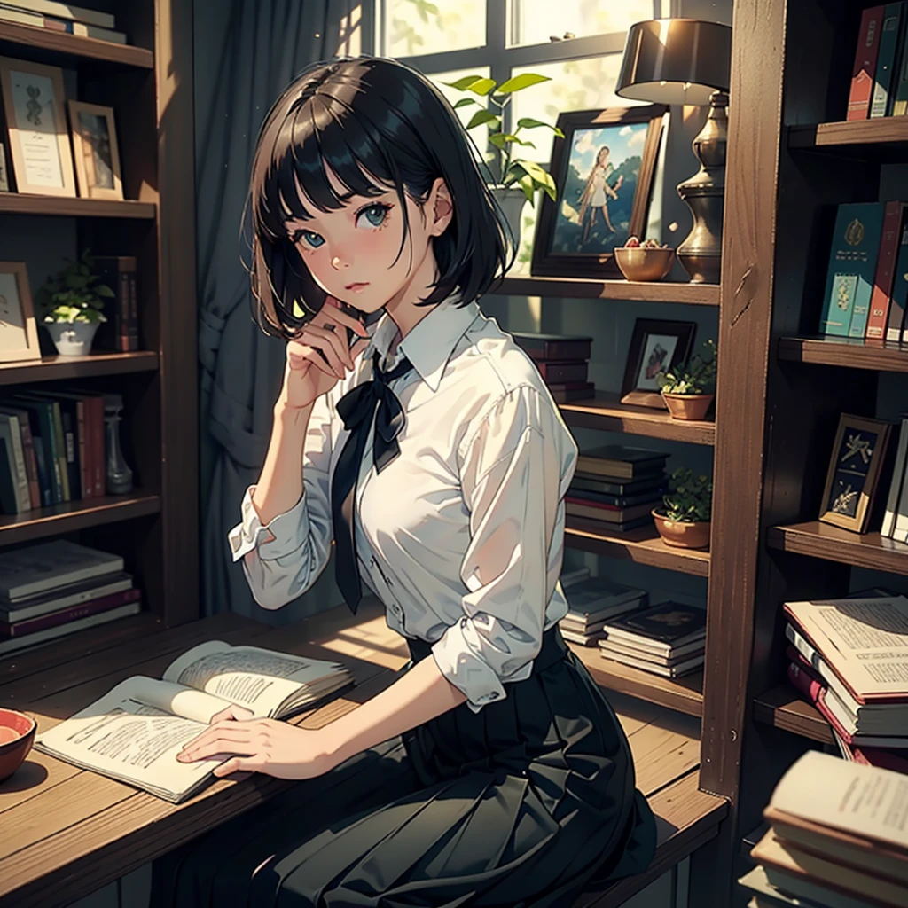 ((Watercolor in Sargent style))、(highest quality、high resolution、masterpiece)、(David Hamilton Style)、(soft focus)、Cinema Angle、cinematic light、soft light、(British traditional public school)、1 girl、、amazing、((Detailed depiction of a beautiful face))、short black hair、Crisp face、(Detailed facial depiction)、small breasts、small breasts、((classic uniform))、((long skirt))、(library)、(bookshelf)、Holding a book、perfect hands、(Anatomically accurate depiction of hands and fingers)、(Describe the exact shape of the book)、beautiful environment、calm atmosphere、Calm expression、Quiet moments、Vintage atmosphere、Immerse yourself in reading、bookworm、Thoughtful gaze、classic elegance、A quiet retreat、charming beauty、Sophisticated clothing、Majestic bookcase、Traditional atmosphere、Lush green environment、shop window、サイドtable、窓辺のflower、Botanical Garden、Flower Shop、table、flower、Foliage plant、