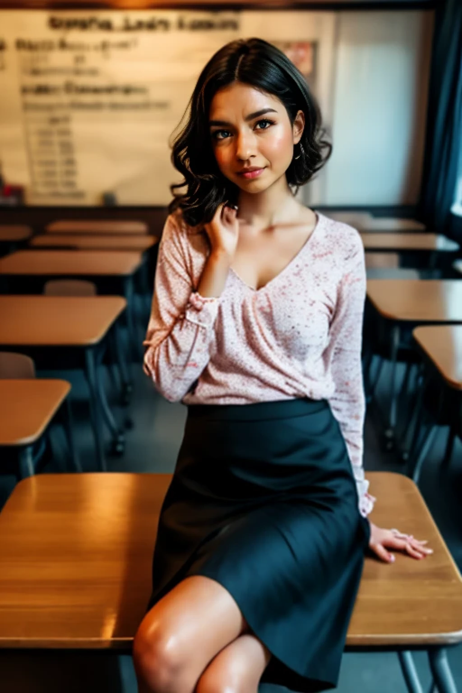 (masterpiece) , (aesthetic), (portrait), (beautiful), (upper blody), (high quality), (aesthetic clothings), (professional angle), (21 years), solo, 1 girl, Spring, (-), (Afternoon), (Soft Lighting light), ((Blushing while receiving a Compliment from a Crush)), ((Looking Down Face)), ((Flushed)), (Natural Make-up), (Any Bust), (Curly Black Hair), (Slightly Open Eyes), (brown Eyes), (Shy Look), tan skin, (- Clothing), (Casual), (Skirt ), ((School Classroom background)), (Medium Shot Shot), beautiful hands, two hands, normal hands, two arms, complete hands, beautiful body, beautiful fingers, normal fingers, five fingers, five fingers, beautiful ears, normal ears, beautiful eyes, shiny eyes, beautiful mouth, beautiful lips, Bursting breasts, downblouse, Canan EOS R6， 135mm， 1/1/2.8， ISO 400, anatomically correct

