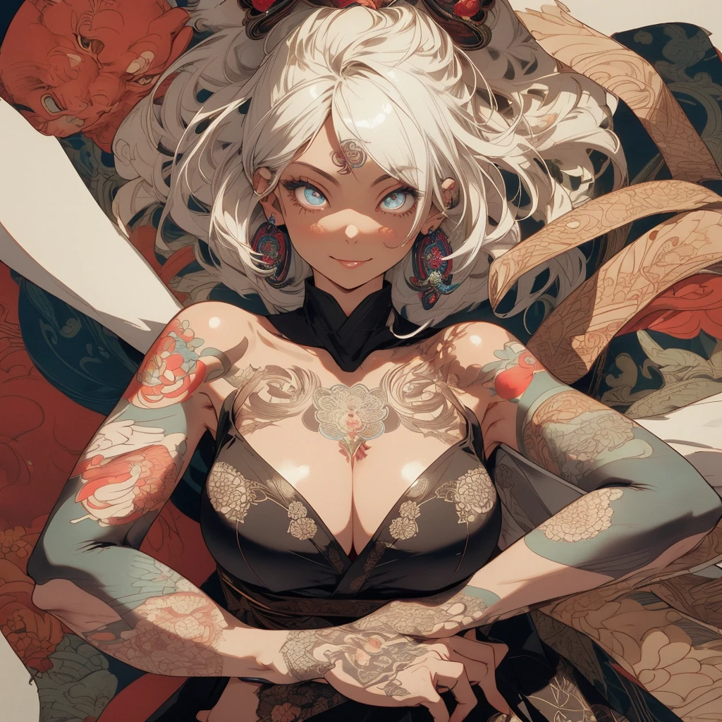 (((highest quality))),(((32k))),(((girl with tattoos))),very delicate face,(perfect physical beauty),(Super beautiful woman),Fancy hair color,earrings,(((big breasts))),(Emphasize cleavage),mandala,Geometric pattern,coat of arms,Detailed tattoo,(((detailed eyes))),Charm,The face is beautiful,background is white,smile,Japanese sculpture,stick out tongue,Bodhidharma,Yasa,Demon Fox,Japanese style,Buddha,detailed perfect arms,split tongue,breast enhancement,