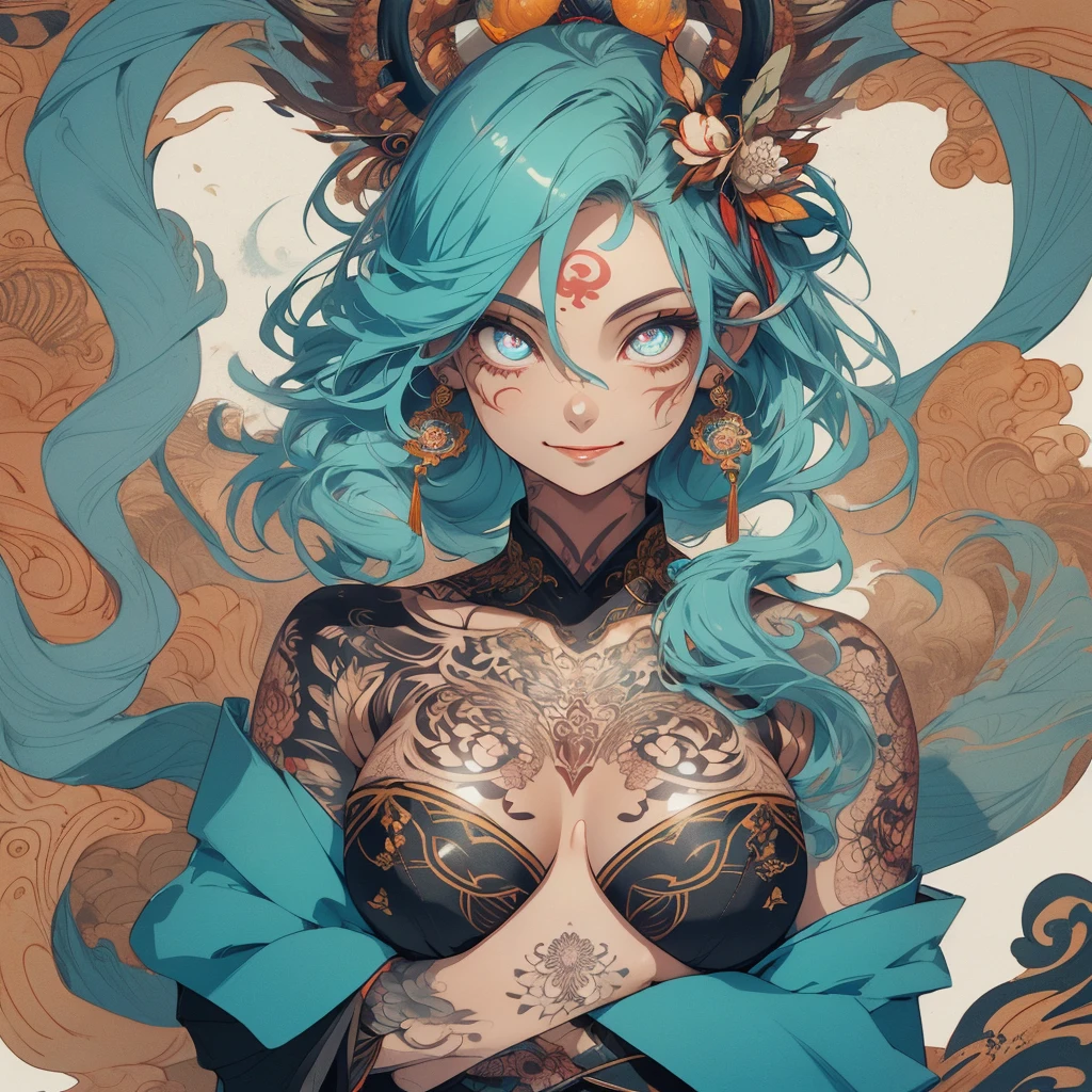 (((highest quality))),(((32k))),(((girl with tattoos))),very delicate face,(perfect physical beauty),(Super beautiful woman),Fancy hair color,earrings,(((big breasts))),(Emphasize cleavage),mandala,Geometric pattern,coat of arms,Detailed tattoo,(((detailed eyes))),Charm,The face is beautiful,background is white,smile,Japanese sculpture,stick out tongue,Bodhidharma,Yasa,Demon Fox,Japanese style,Buddha,detailed perfect arms,split tongue,breast enhancement,