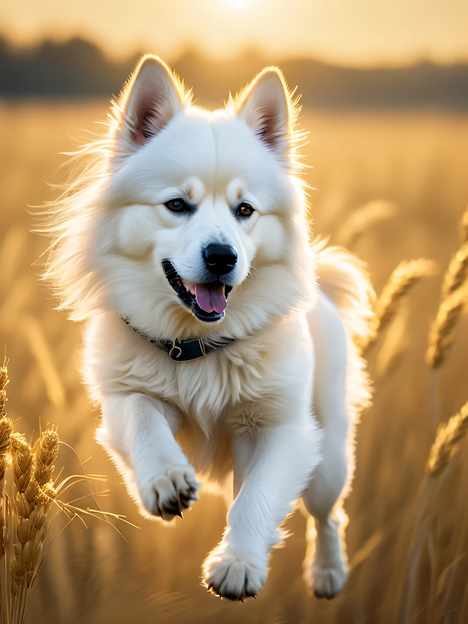 Close up of a very cute Samoyed dog jumping in a golden wheat field, soft volumetric light, (backlight: 1.3), (movie: 1.2), intricate details, (artstation: 1.3), rutkowski
