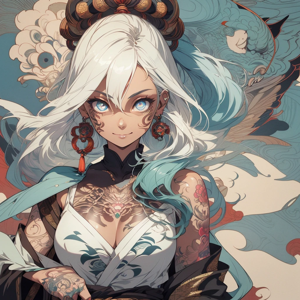 (((highest quality))),(((32k))),(((girl with tattoos))),very delicate face,(perfect physical beauty),(Super beautiful woman),Fancy hair color,earrings,(((big breasts))),(Emphasize cleavage),mandala,Geometric pattern,coat of arms,Detailed tattoo,(((detailed eyes))),Charm,The face is beautiful,background is white,smile,Japanese sculpture,stick out tongue,Bodhidharma,Yasa,Demon Fox,Japanese style,Buddha,detailed perfect arms,split tongue,breast enhancement,