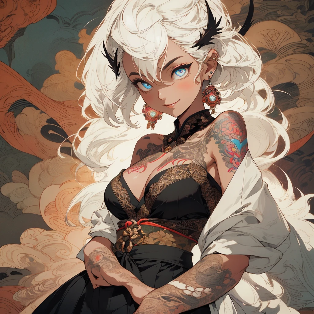 (((highest quality))),(((32k))),(((girl with tattoos))),very delicate face,(perfect physical beauty),(Super beautiful woman),Fancy hair color,earrings,(((big breasts))),(Emphasize cleavage),mandala,Geometric pattern,coat of arms,Detailed tattoo,(((detailed eyes))),Charm,The face is beautiful,background is white,smile,Japanese sculpture,stick out tongue,Bodhidharma,Yasa,Demon Fox,Japanese style,Buddha,detailed perfect arms,split tongue,breast enhancement,