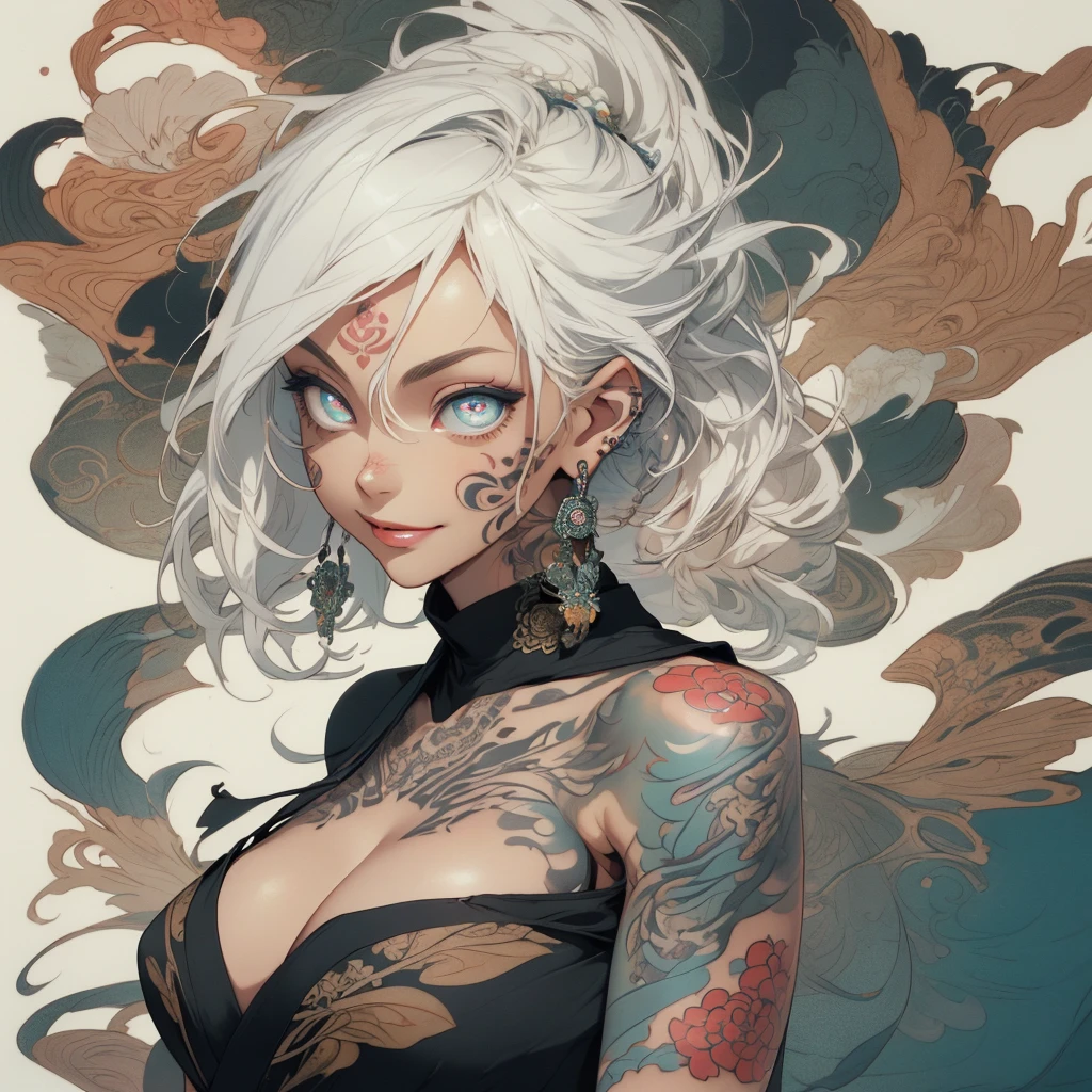 (((highest quality))),(((32k))),(((girl with tattoos))),very delicate face,(perfect physical beauty),(Super beautiful woman),Fancy hair color,earrings,(((big breasts))),(Emphasize cleavage),mandala,Geometric pattern,coat of arms,Detailed tattoo,(((detailed eyes))),Charm,The face is beautiful,background is white,smile,Japanese sculpture,stick out tongue,Bodhidharma,Yasa,Demon Fox,Japanese style,Buddha,detailed perfect arms,split tongue,breast enhancement,