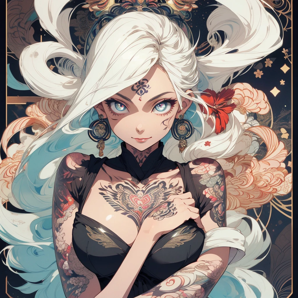 (((highest quality))),(((32k))),(((girl with tattoos))),very delicate face,(perfect physical beauty),(Super beautiful woman),Fancy hair color,earrings,(((big breasts))),(Emphasize cleavage),mandala,Geometric pattern,coat of arms,Detailed tattoo,(((detailed eyes))),Charm,The face is beautiful,background is white,smile,Japanese sculpture,stick out tongue,Bodhidharma,Yasa,Demon Fox,Japanese style,Buddha,detailed perfect arms,split tongue,breast enhancement,