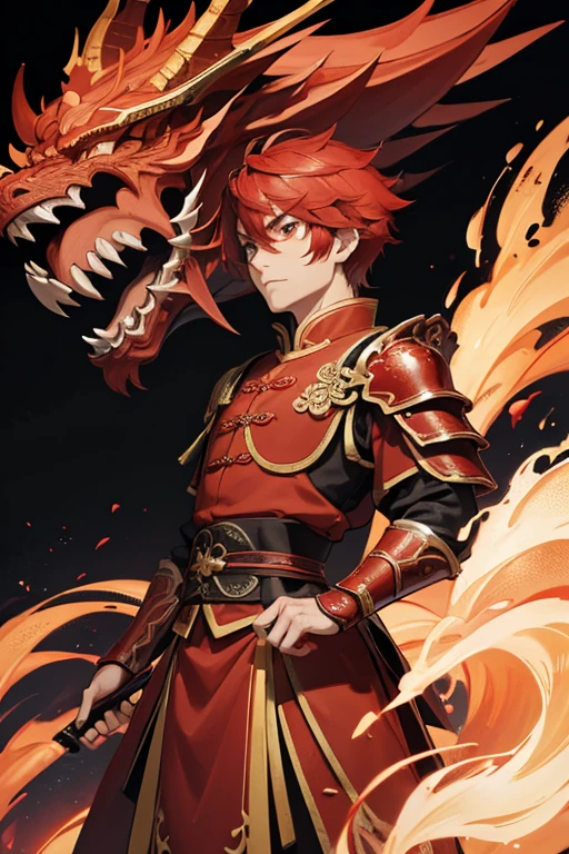 flat style,Main color is red,male,Wearing Chinese armor,The armor has the image of a Chinese dragon,There are mounts
