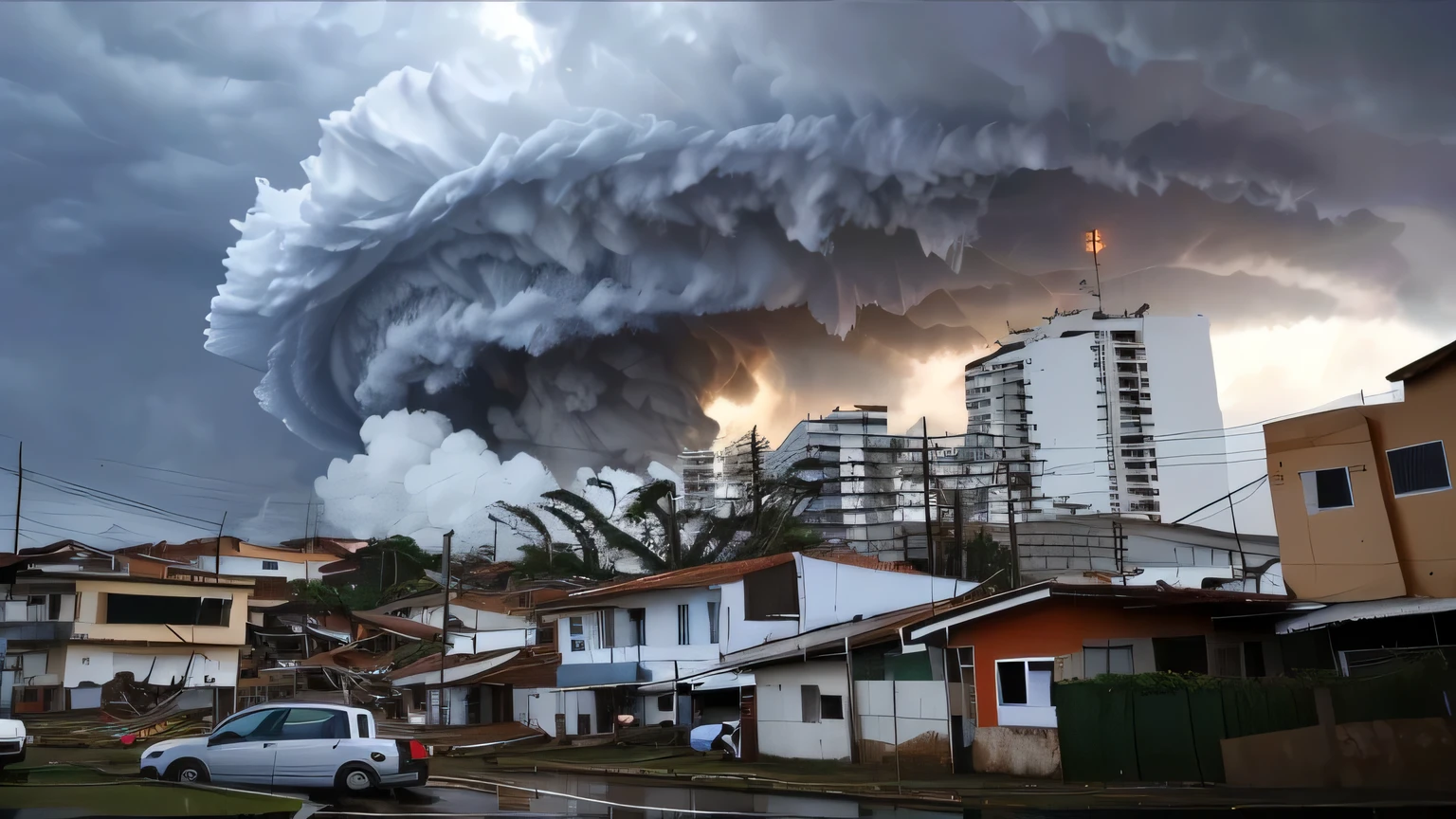 blurred view of a city with a big cloud in the sky, Tornado bonito, quando um tornado se aproxima, enorme tempestade, Tornado Twister, um enorme tornado se aproximando, pairando sobre uma cidade, tornado, nuvens enormes, Direction: Luis Molinari, bonito e sinistro, massive clouds, foto de tornado monstruoso, tornado de fogo, Video, tempestade ao fundo
