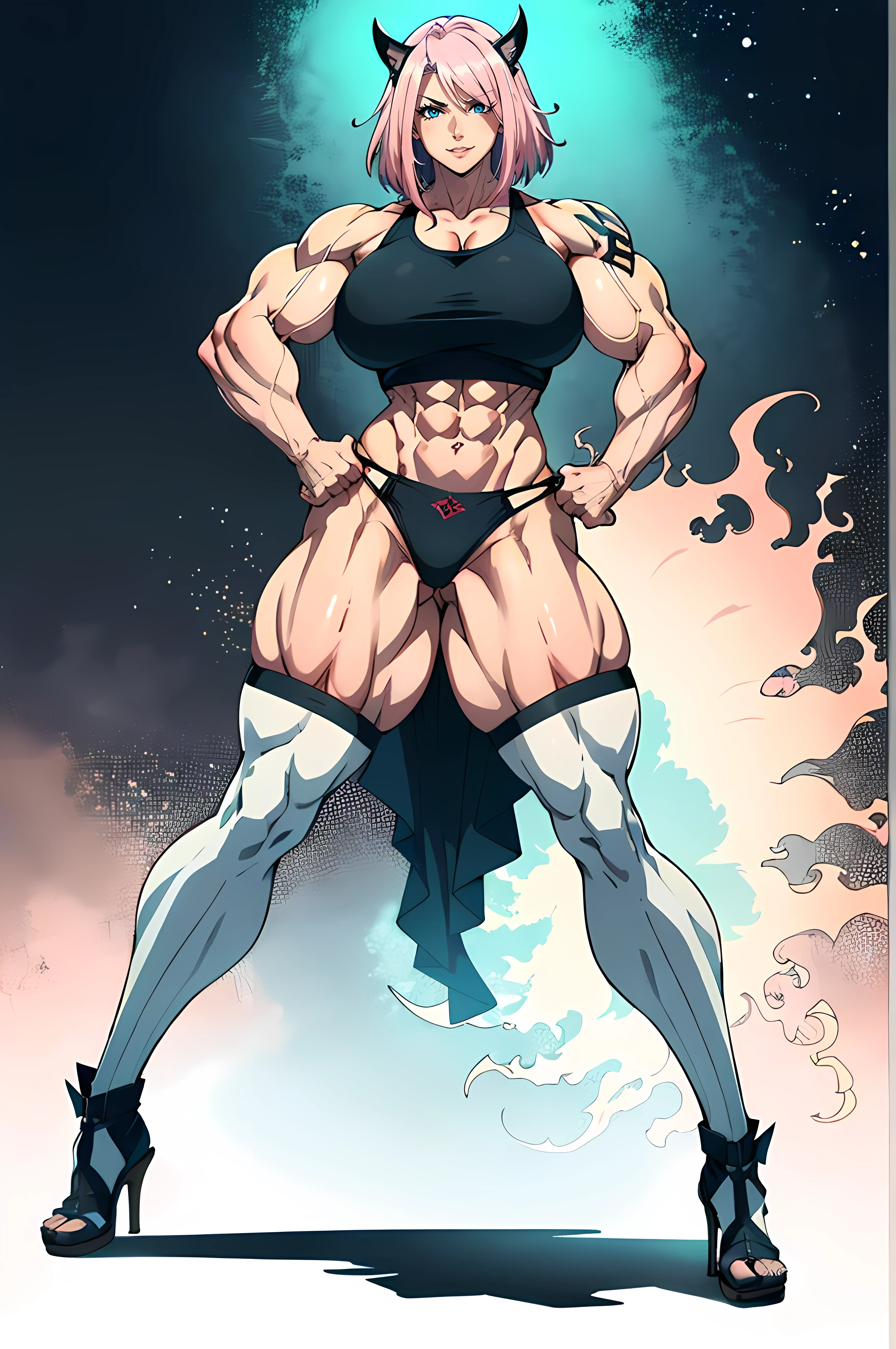 ((mature adult tall woman, mature_face)), (glowing aqua eyes), aqua cat ears, (super narrow waist), gradient (pink hair), (((accurate anatomy))), ((wide hips)), (((Huge breasts))), ((long legs)), ((Female Bodybuilder)), ((((Muscular Legs)))), ((((Huge Muscles)))), large areolae, (oily skin) ,              

arafed woman in a black bra top and white skirt posing, anime character, full body art, glamourous cosplay, anime inspired, anime cosplay, realistic cosplay, demonic tattoo, muscular, gigantic, thick thighs, lined stripped panties, fighting stance, (((evil😈))), tight thighhighs