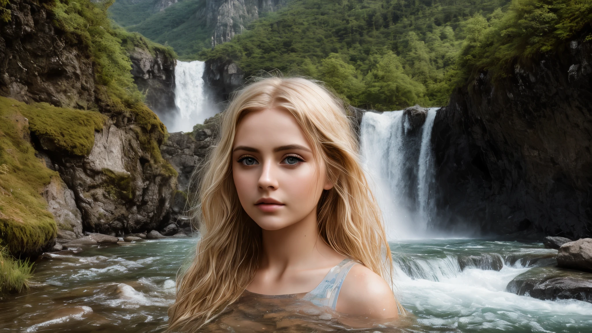 8k, best quality, masterpiece, realistic, ultra detail, photo-realistic, Increased quality, photo of a woman in a lake, a big waterfall in the background, wet hair, blonde hair, big eyes, long eyelashes, photorealistic, sunlight, rocks