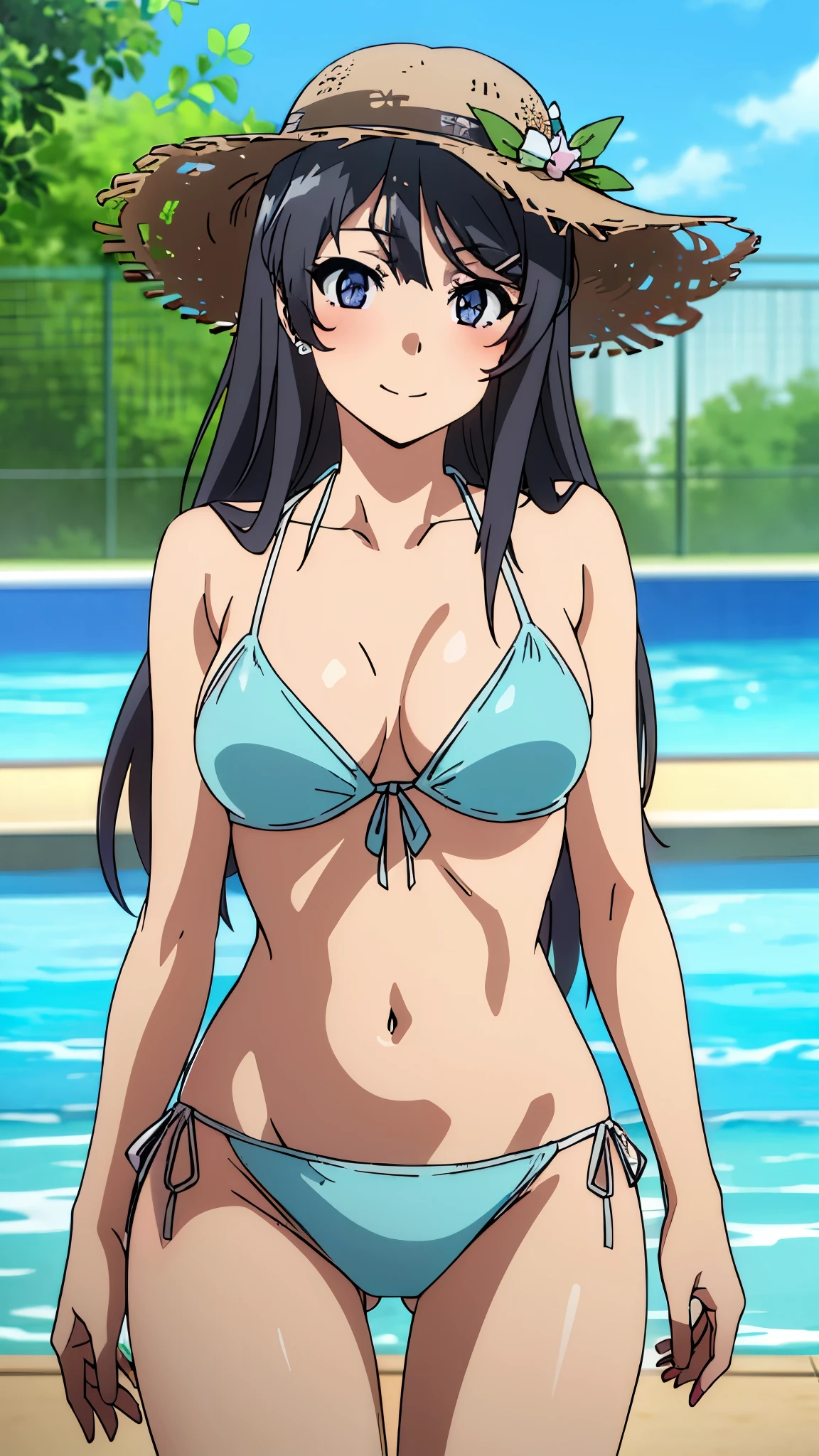 (highest quality:1.4), 8K resolution, Ultra HD, (High resolution:1.4), cinematic light, 1 girl, embarrassed face, very fine eyes,medium-sized chest、white skin,, bikini, outdoor, swimming pool, Clear blue sky,blush、(looking at the viewer)、model pose、forced smile、MS、rabbit earrings、cowboy shot