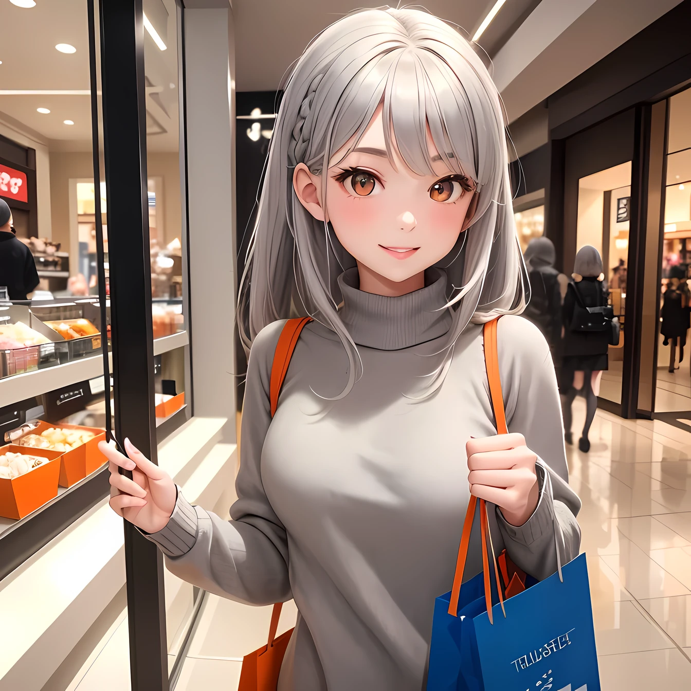 masterpiece, best quality, 1 girl, gray hair, orange eyes, sweater, walking, looking around, indoors, (shopping mall), smile, (upper body:1.1)