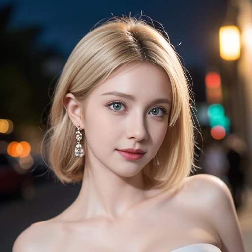 masterpiece，Highest image quality，Super details，sexy smile，amazing face and eyes,  (Extremely detailed beautiful face), (The sexiest look), Snow-white breasts，Naked of breast，Deep cleavage，(best quality:1.4), (Super detailed), (Extremely detailed CG unified 8k wallpaper), The content is very detailed, RAW photos, Professional photography, ((business suit)), Outdoor and below, (No man's street, Dark Night Commercial Street,), (night sky), depth of field,Blushed，raised eyebrows，very shy，Blonde hair, blue eyes，Ruddy complexion，looking at the audience，Dreamcatcher earrings，epic，concept art，glowing eyes，Bright Eyes，black，Deep cleavage，Naked of breast，