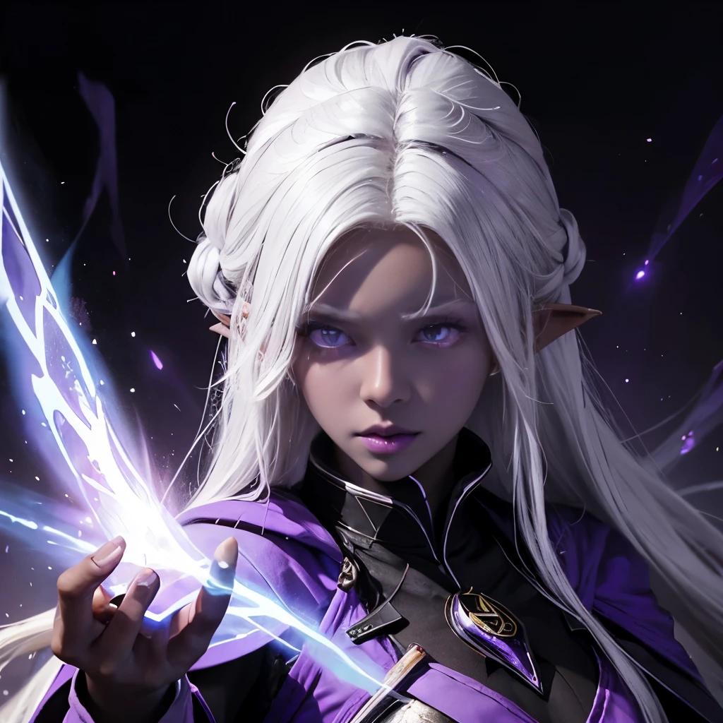 1girl, dark skin, african, white hair, pointy ears, glowing purple eyes, purple lips, mage uniform