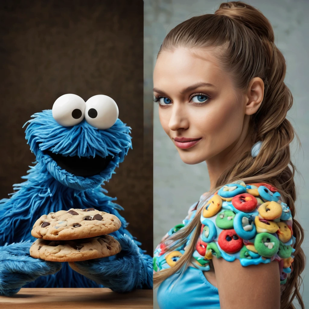 (best quality, highres, ultra-detailed), (realistic:1.37)

Image divided into 8 parts, catalog of different types of "Cookie Monster" next to stunning ponytailed Czech anorexic sexy woman,, (vivid colors), (concept artists), natural lighting