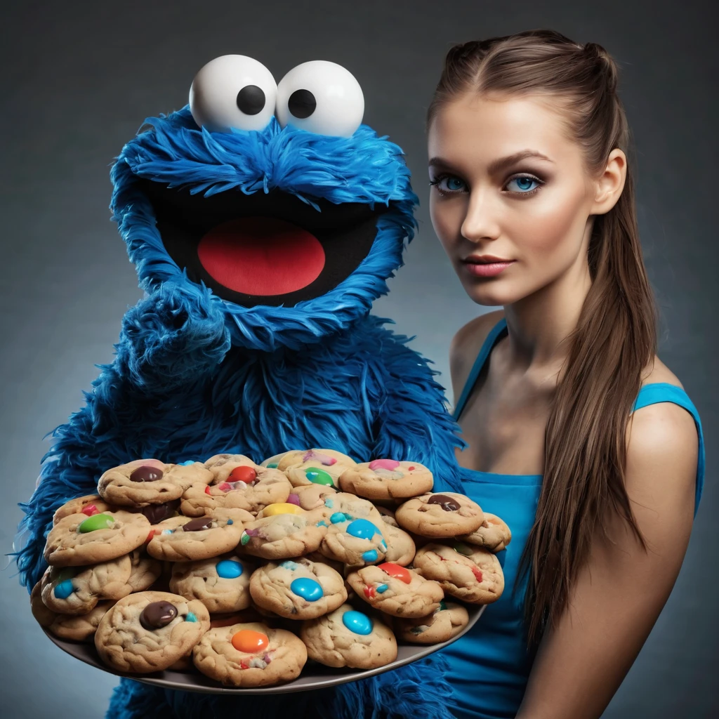 (best quality, highres, ultra-detailed), (realistic:1.37)

Image divided into 8 parts, catalog of different types of "Cookie Monster" next to stunning ponytailed Czech anorexic sexy woman,, (vivid colors), (concept artists), natural lighting