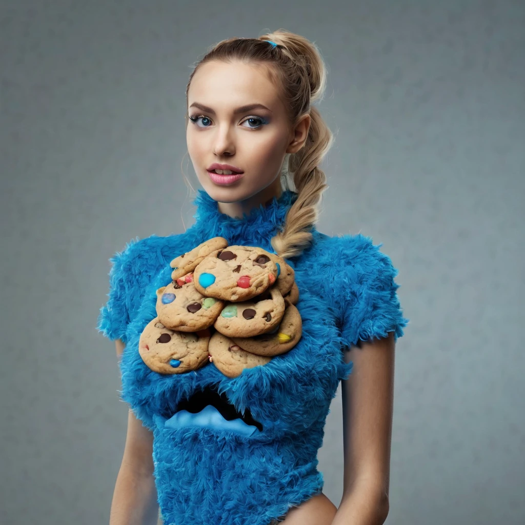(best quality, highres, ultra-detailed), (realistic:1.37)

Image divided into 8 parts, catalog of different types of "Cookie Monster" next to stunning ponytailed Czech anorexic sexy woman,, (vivid colors), (concept artists), natural lighting
