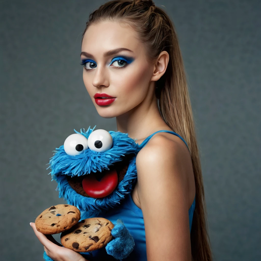 (best quality, highres, ultra-detailed), (realistic:1.37)
Image divided into 8 parts, catalog of different types of "Cookie Monster" next to stunning ponytailed Czech anorexic sexy woman,, (vivid colors), (concept artists), natural lighting
