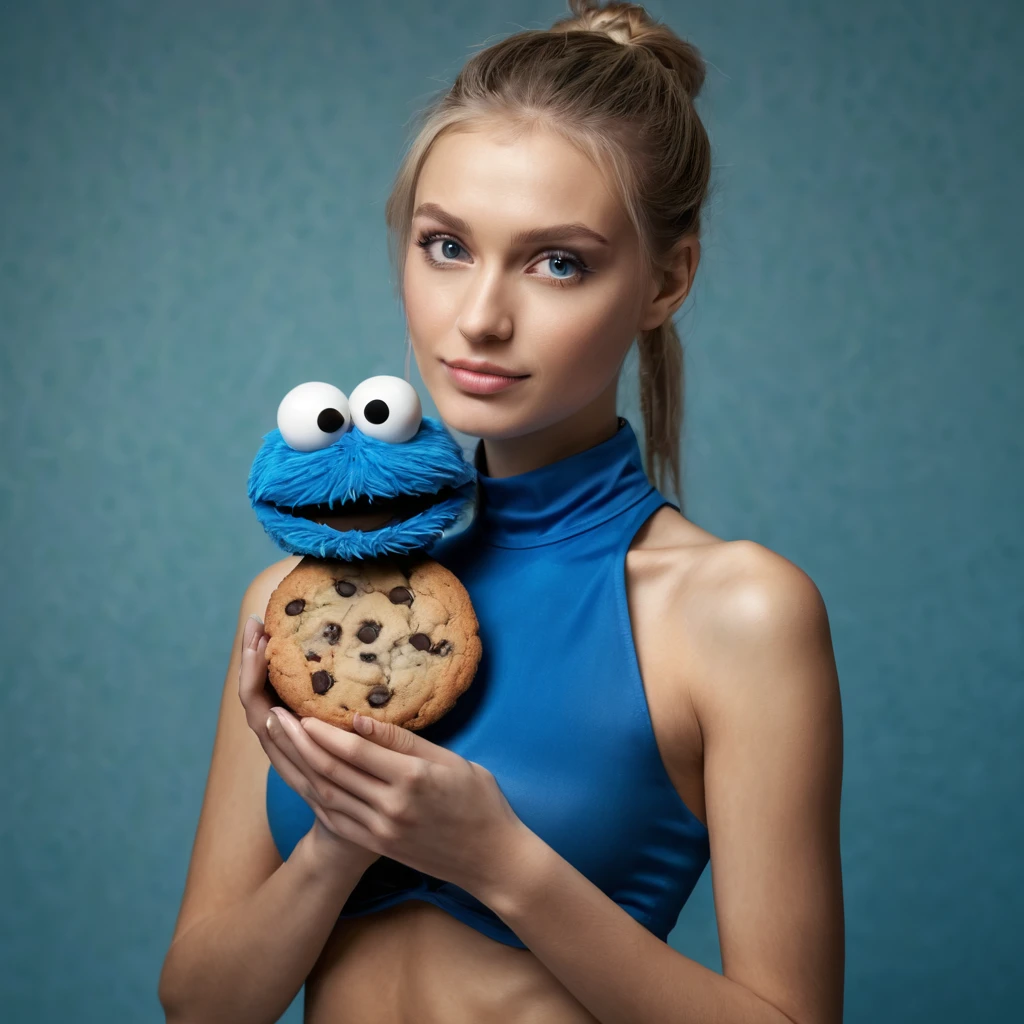 (best quality, highres, ultra-detailed), (realistic:1.37)

Image divided into 8 parts, catalog of different types of "Cookie Monster" next to stunning ponytailed Czech anorexic sexy woman,, (vivid colors), (concept artists), natural lighting