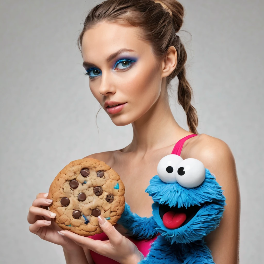 (best quality, highres, ultra-detailed), (realistic:1.37)

Image divided into 8 parts, catalog of different types of "Cookie Monster" next to stunning ponytailed Czech anorexic sexy woman,, (vivid colors), (concept artists), natural lighting