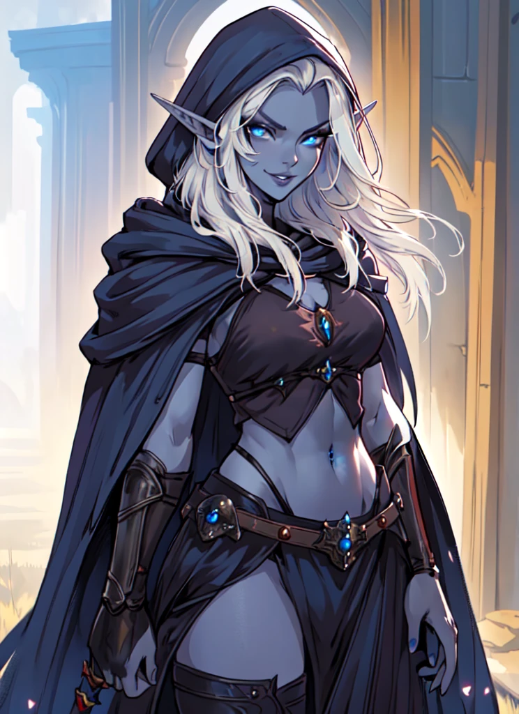 drow, female, pointy ears, solo, elf, navel, hood, colored skin, midriff, looking at viewer, long hair, cloak, dark elf, breasts, white hair, no hood, cape, medium breasts, cloak, belt, pouch, blue eyes, grey skin, blue eyes, upper body, weapon, saber, glowing eyes, lips, kind smile, ((masterpiece, best quality)), art by greg rutkowski, trending on artstation 