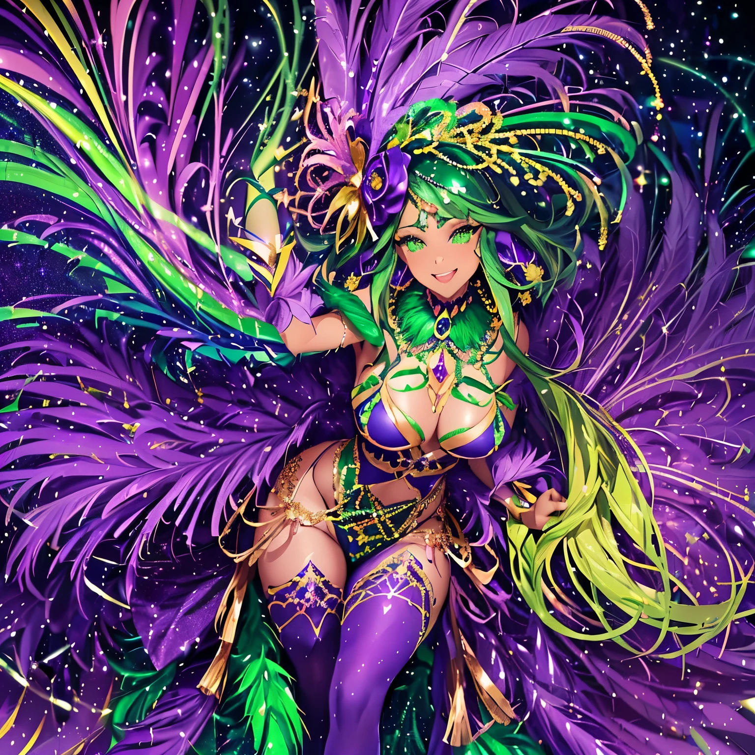 ((Beautiful)) ((Green eyes)) ((mardi gras theme)) ((extra larger breast)) ((hourglass figure)) ((wide hips)) ((Brown hair)) ((long hair)) ((Margi gras fitted outfit)) ((high purple stocking)) ((high green stocking)) ((glitter everywhere)) ((green glitter)) ((yellow glitter)) ((purpel glitter)) ((baton)) ((gold baton)) ((twirling boton)) ((elegant smile)) ((playfull)) ((excited expression)) ((prade background)) ((purple head piece)) ((feather head piece)) ((green feathers)) ((yellow feathers)) ((purple feathers))