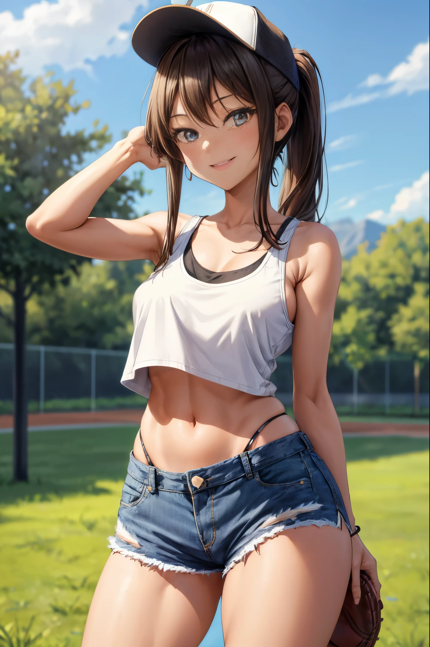 beautiful, (table top:1.2), (highest quality:1.2), perfect eyes, perfect face, perfect lighting, 1 girl, smile、back boob, baseball cap, 黒のpanties, chest, brown hair, crop top, cutoffs, denim, denimshorts, High leg, High legpanties, long hair, Central ditch, Large chest, micro shorts, panties, ponytail, short shorts, shorts, side boob barbosa,  alone, Tank top, thighs thighs thighs, T-back, underwear, field, grassy area, sidewalk, huge ass, wide hips, arms at the sides