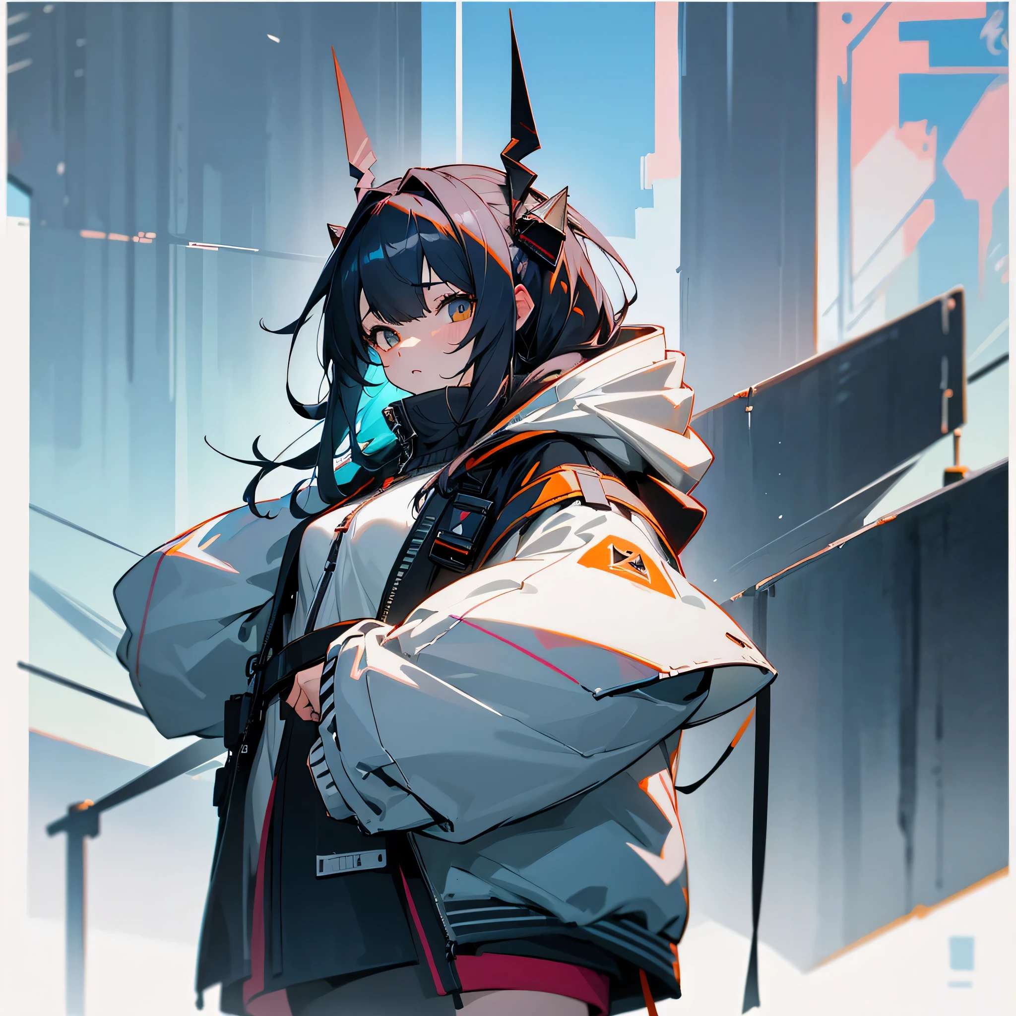 1girl, jacket, outdoor, hoodie, open jacket, chain,cute, kawai, looking at another, trending on artstation, 8k resolution, highly detailed, anatomically correct, sharp image, digital painting, concept art, trending on pixiv, soft femenine colors, attractive aspect, hot look, arknights looks, arknights anime