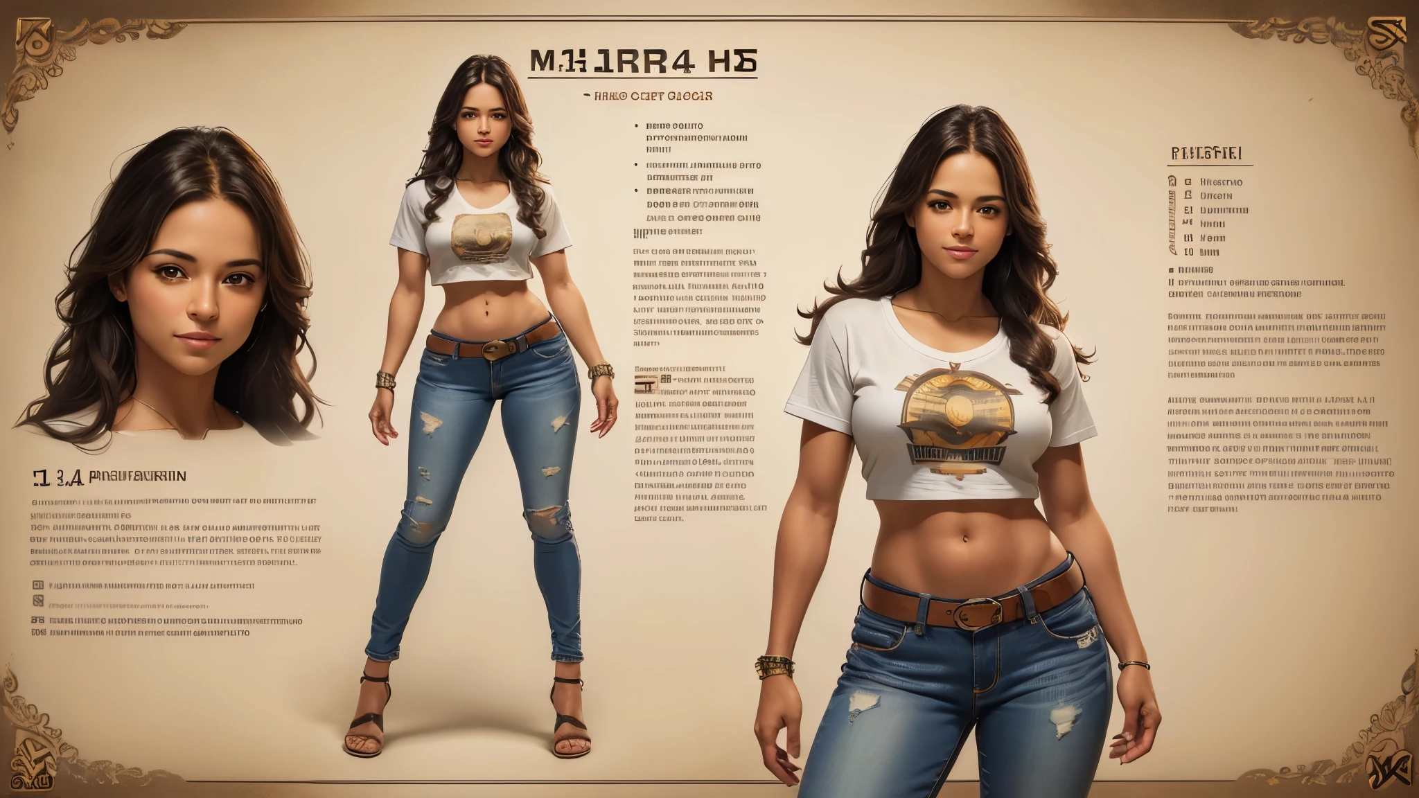 (best quality,4k,8k,highres,masterpiece:1.2),ultra-detailed, m1ch3ll3r-v2, puerto rican, Milf, college student, long brown hair, tan skin, smiling maternally, looking at viewer, jeans, t-shirt, HDR, 8k, absurdres, cinestill 800, sharp focus ((Masterpiece, best quality) detailed, character sheet, many items (+ detailed item description, many parts), + character description, full of details.) concept-art, reference sheet