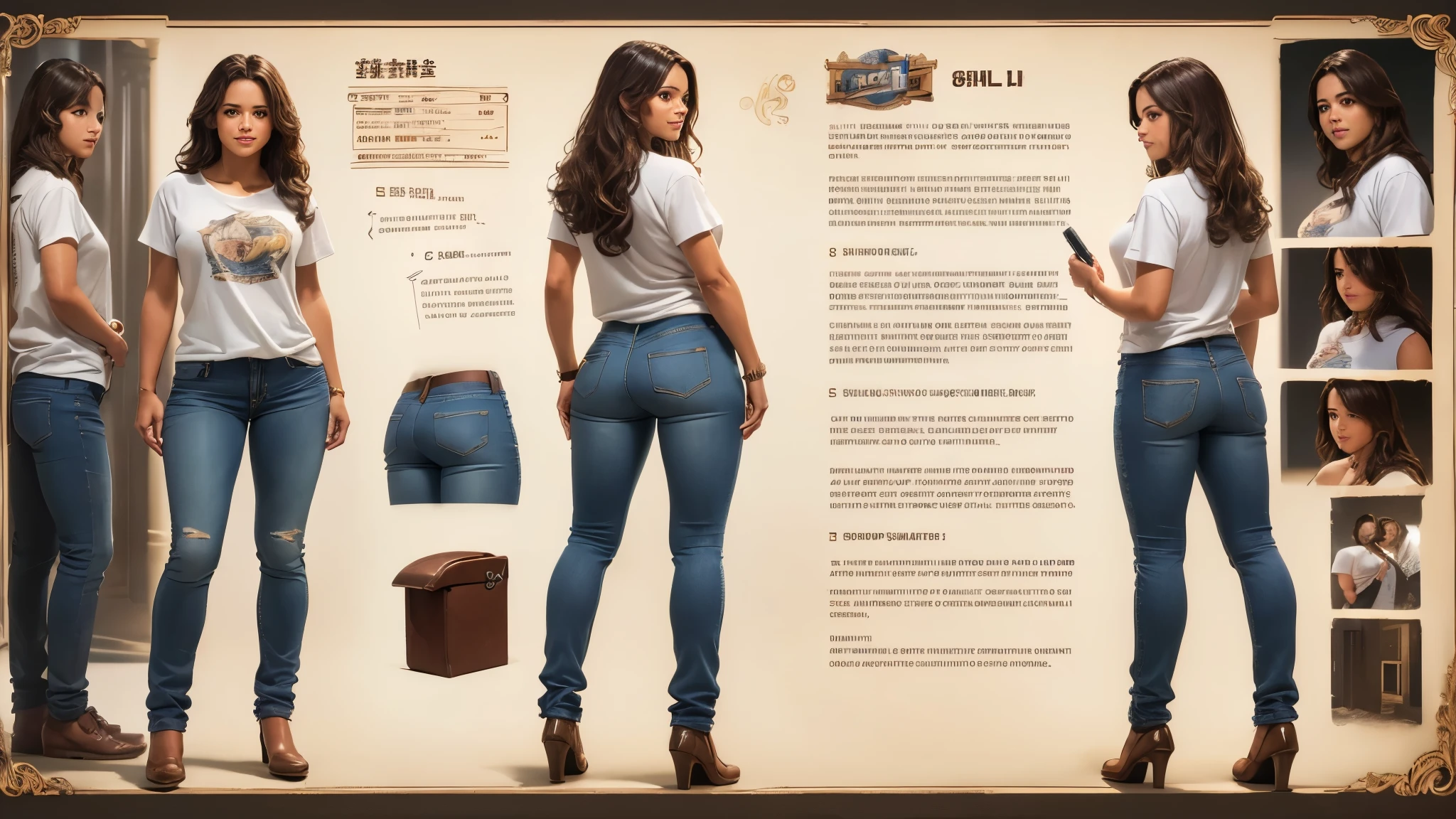 (best quality,4k,8k,highres,masterpiece:1.2),ultra-detailed, m1ch3ll3r-v2, puerto rican, Milf, college student, long brown hair, tan skin, smiling maternally, looking at viewer, jeans, t-shirt, HDR, 8k, absurdres, cinestill 800, sharp focus ((Masterpiece, best quality) detailed, character sheet, many items (+ detailed item description, many parts), + character description, full of details.) concept-art, reference sheet