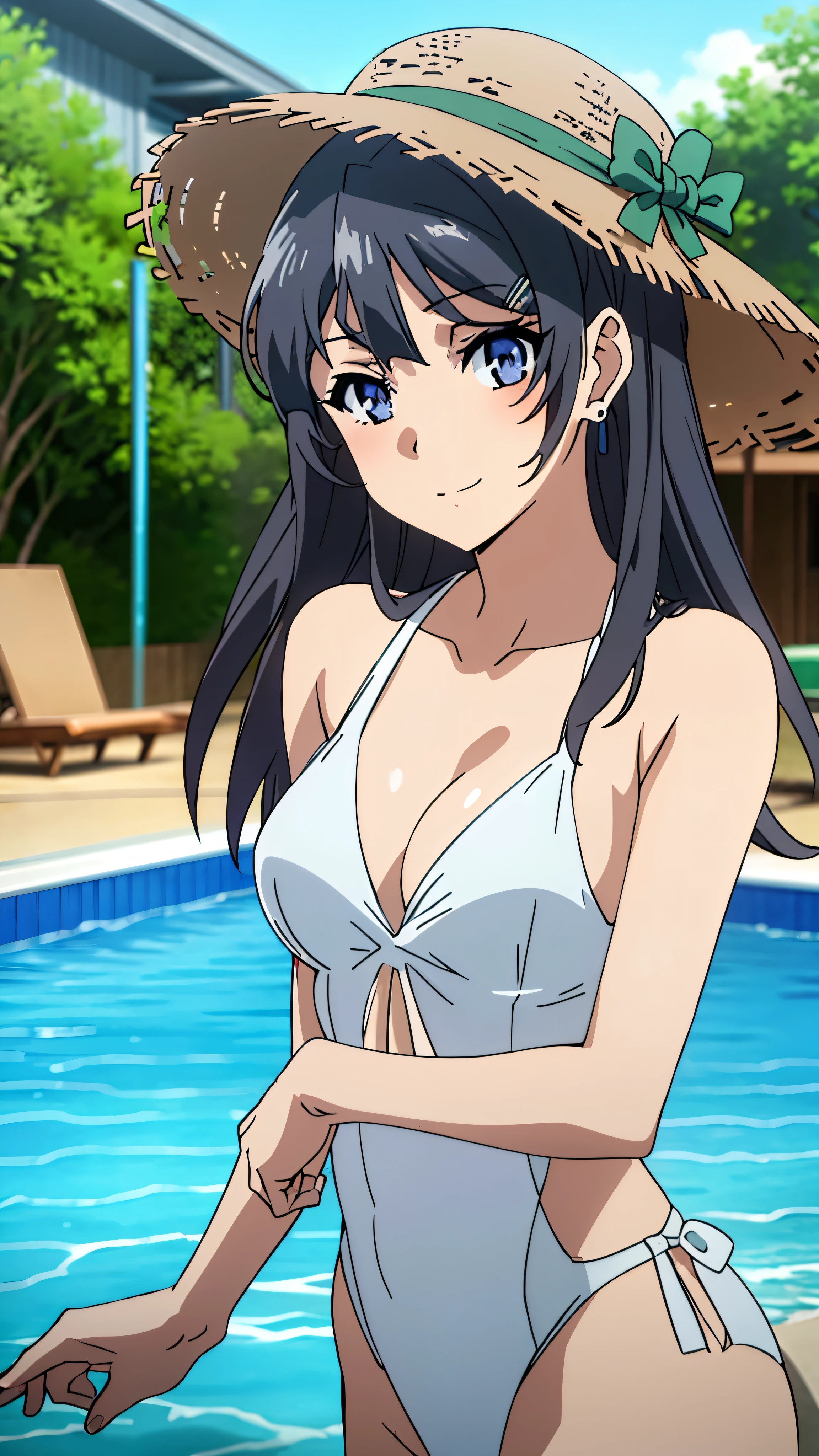 (highest quality:1.4), 8K resolution, Ultra HD, (High resolution:1.4), cinematic light, 1 girl, troubled face, very fine eyes,medium-sized chest、white skin,, bikini,  outdoor, swimming pool, Clear blue sky,blush、(looking at the viewer)、model pose、Forced smile、MS、rabbit earrings、cowboy shot