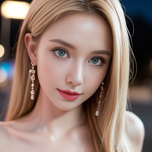 masterpiece,Highest image quality,Super details,sexy smile,amazing face and eyes, (Extremely detailed beautiful face), (The sexiest look), Snow-white breasts,Naked of breast,Deep cleavage,(best quality:1.4), (Super detailed), (Extremely detailed CG unified 8k wallpaper), The content is very detailed, RAW photos, Professional photography, ((business suit)), Outdoor and below, (No man's street, Dark Night Commercial Street,), (night sky), depth of field,Blushed,raised eyebrows,very shy,Blonde hair, blue eyes,Ruddy complexion,looking at the audience,Dreamcatcher earrings,epic,concept art,glowing eyes,Bright Eyes,black,Deep cleavage,Naked of breast,beautiful shoulders,