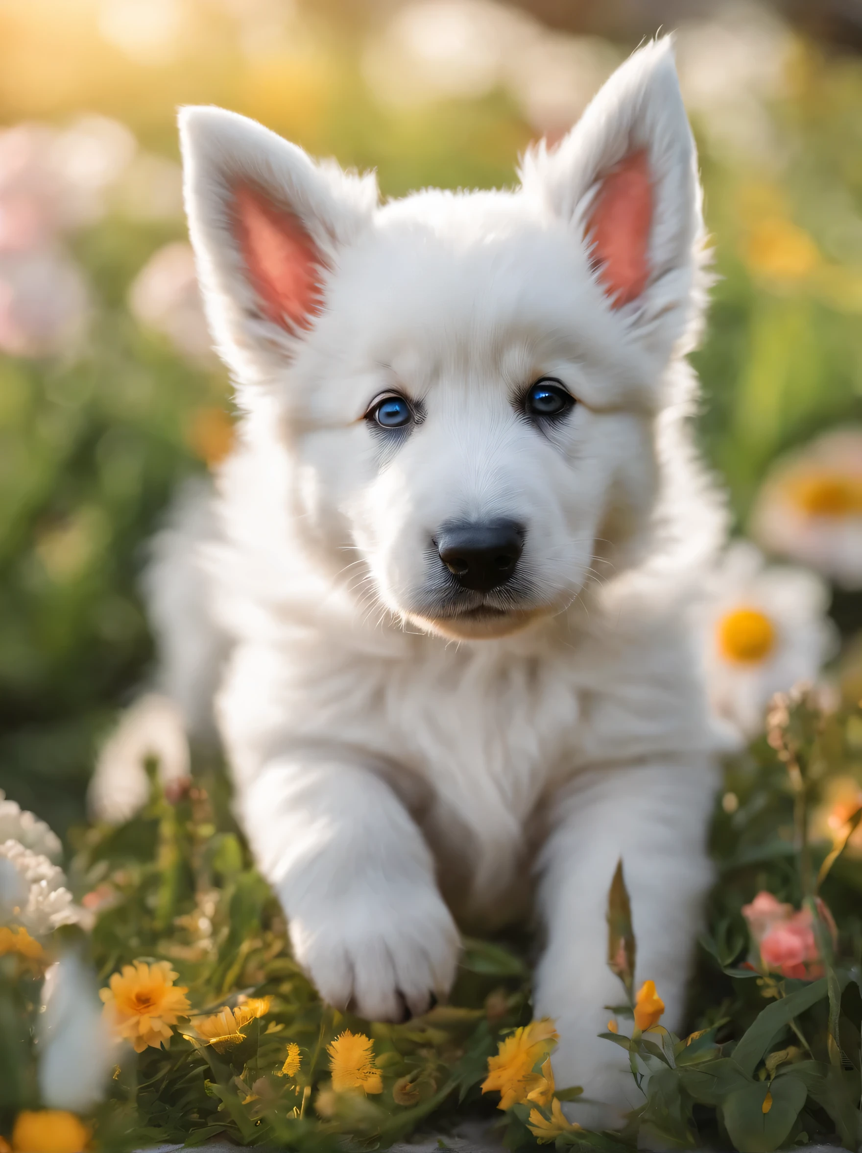 Top quality and very detailed,realistic,white swiss shepherd puppy,1 ,female, fluffy fur,Detailed eyes and nose,Cute and playful expression,rolling green lawn,colorful flowers,Bright and sunny day,portrait,soft pastel colors,natural light